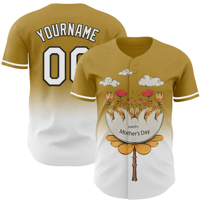 Custom Old Gold White-Black 3D Pattern Design Gradient Mother's Day Flower Authentic Baseball Jersey
