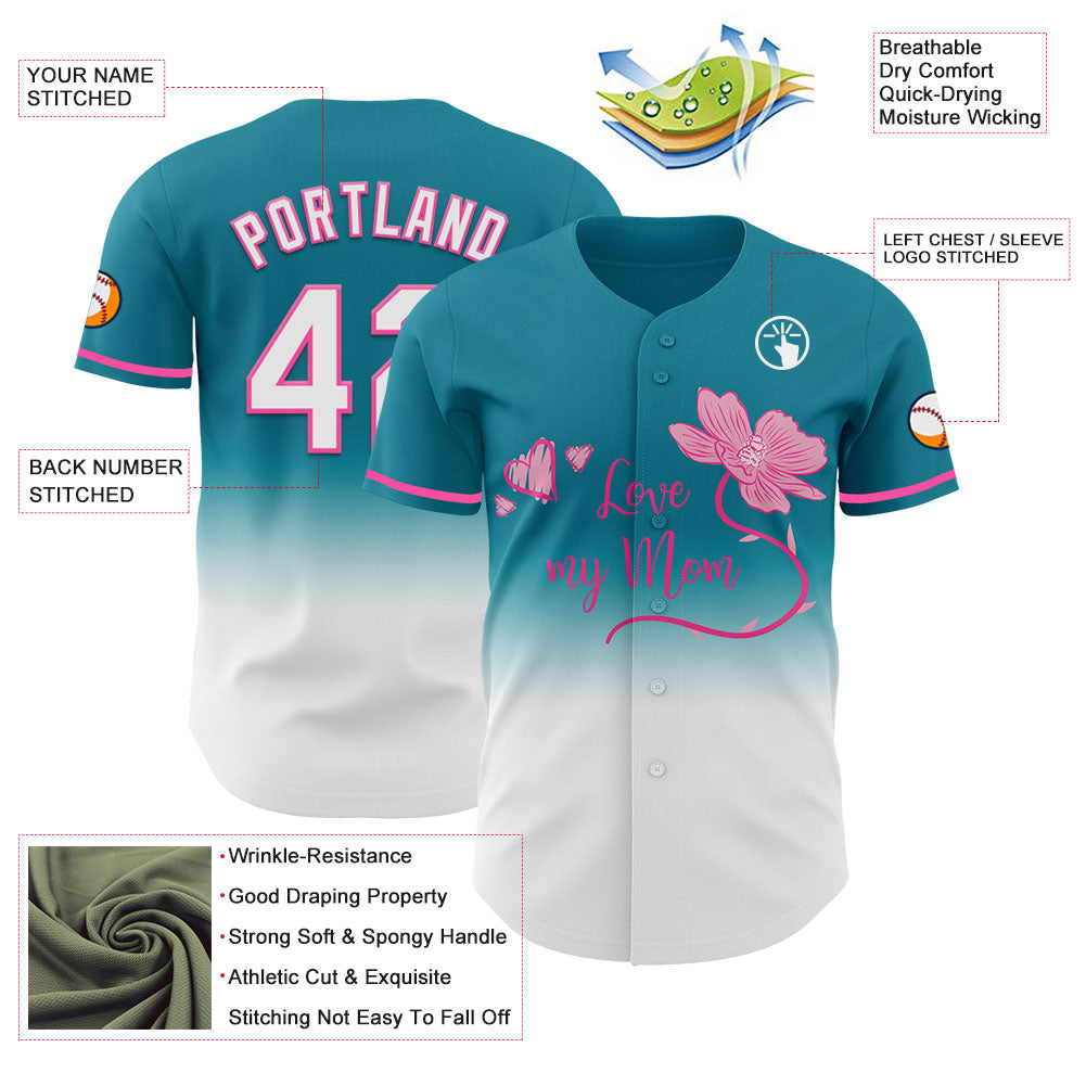 Custom Teal White-Pink 3D Pattern Design Gradient Mother's Day Love And Flower Authentic Baseball Jersey