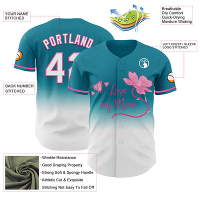 Custom Teal White-Pink 3D Pattern Design Gradient Mother's Day Love And Flower Authentic Baseball Jersey