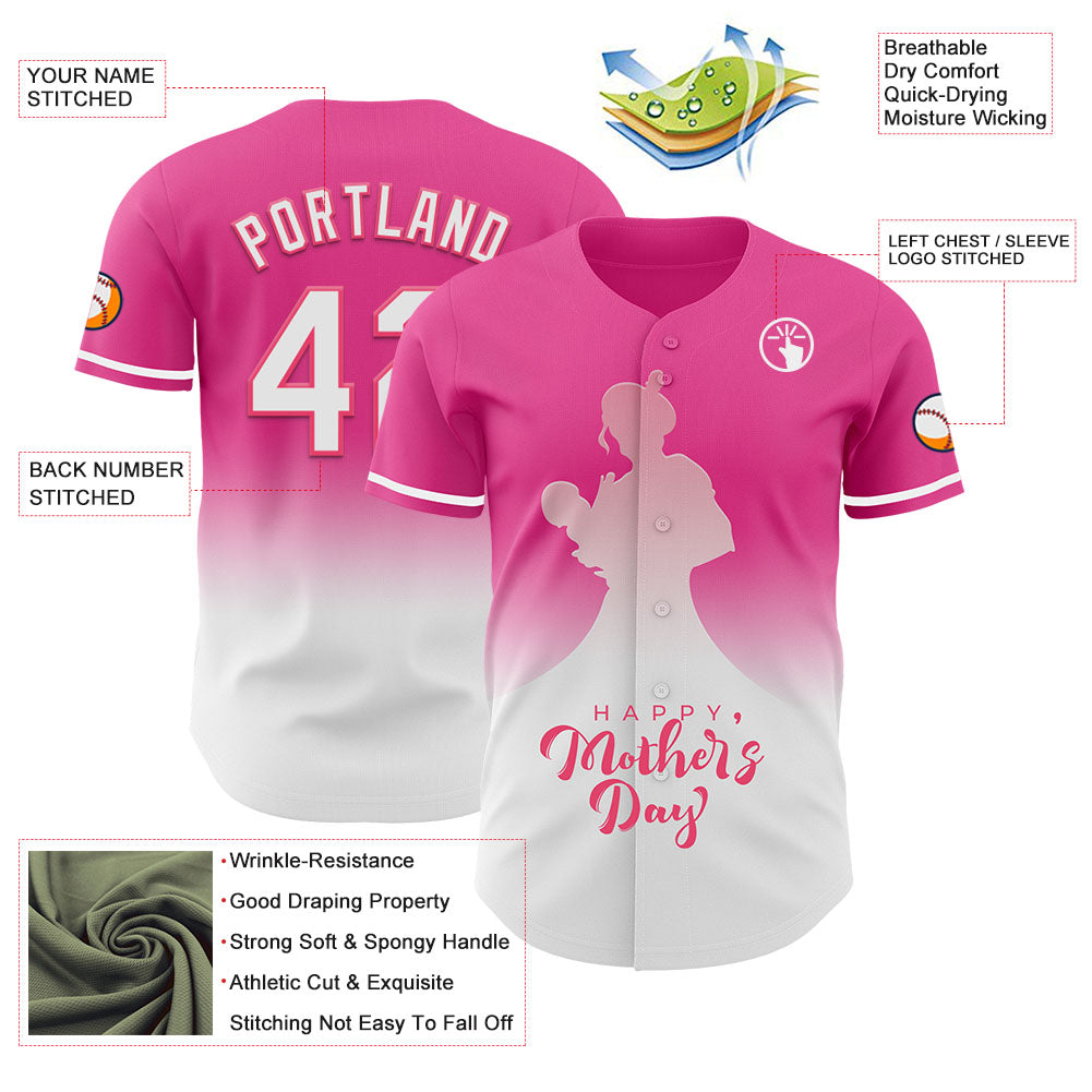 Custom Pink White-Neon Pink 3D Pattern Design Gradient Mother's Day Family Love Authentic Baseball Jersey
