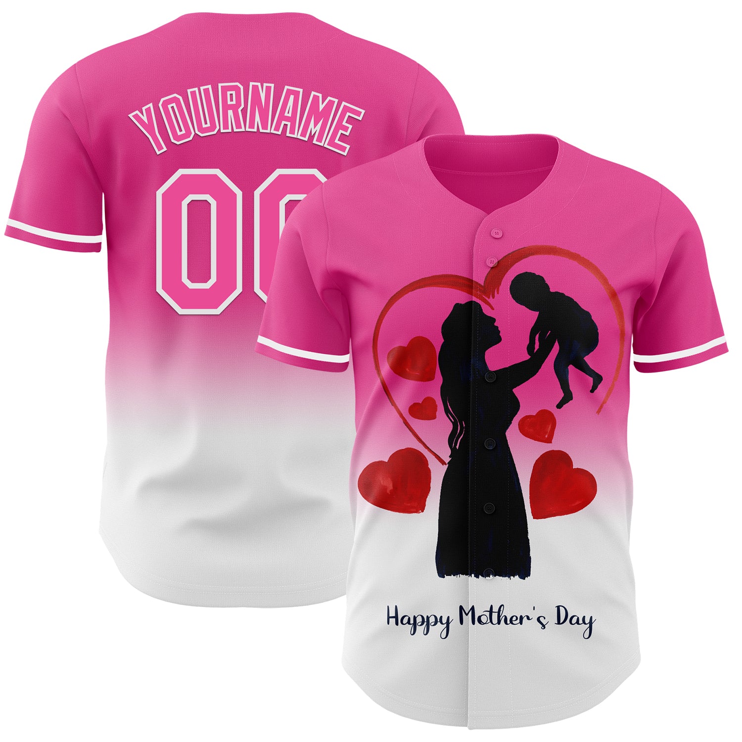 Custom Pink White 3D Pattern Design Gradient Mother's Day Family Love Authentic Baseball Jersey