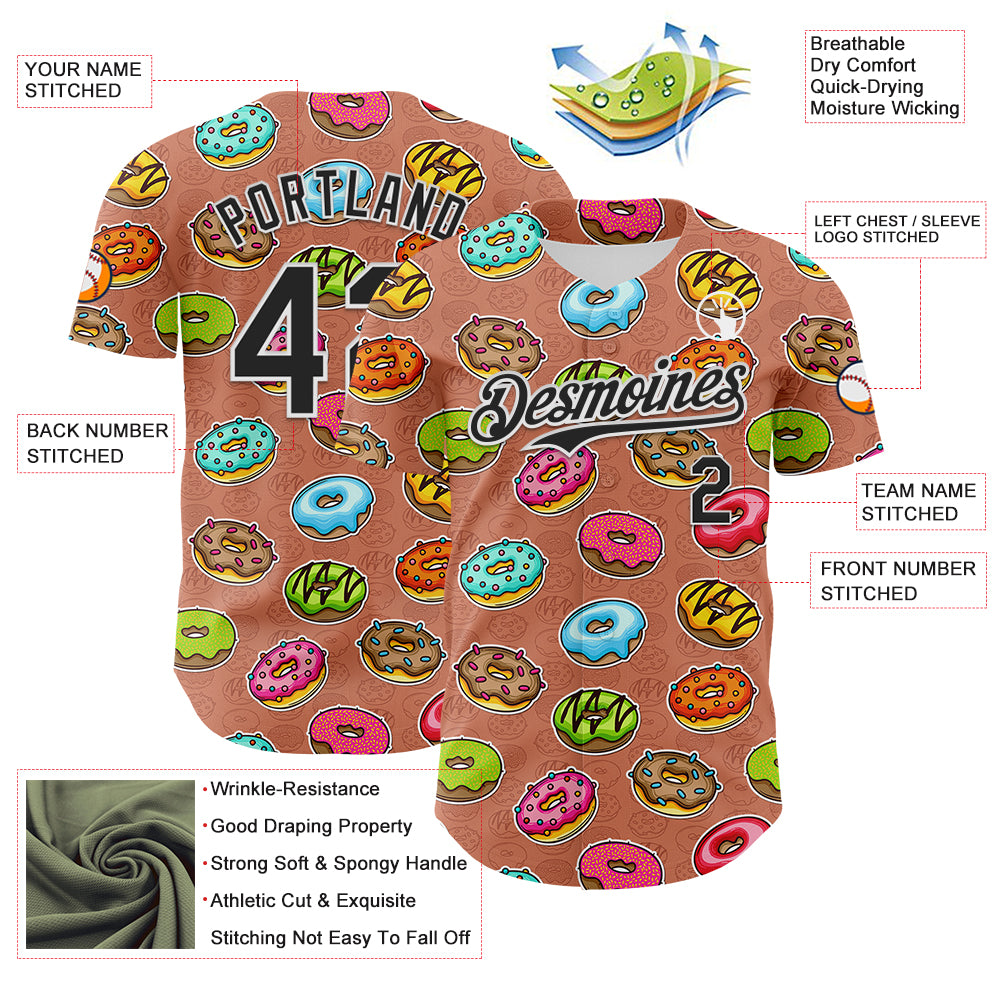 Custom Brown Black-White 3D Pattern Design Foodie Food Dessert Doughnut Authentic Baseball Jersey