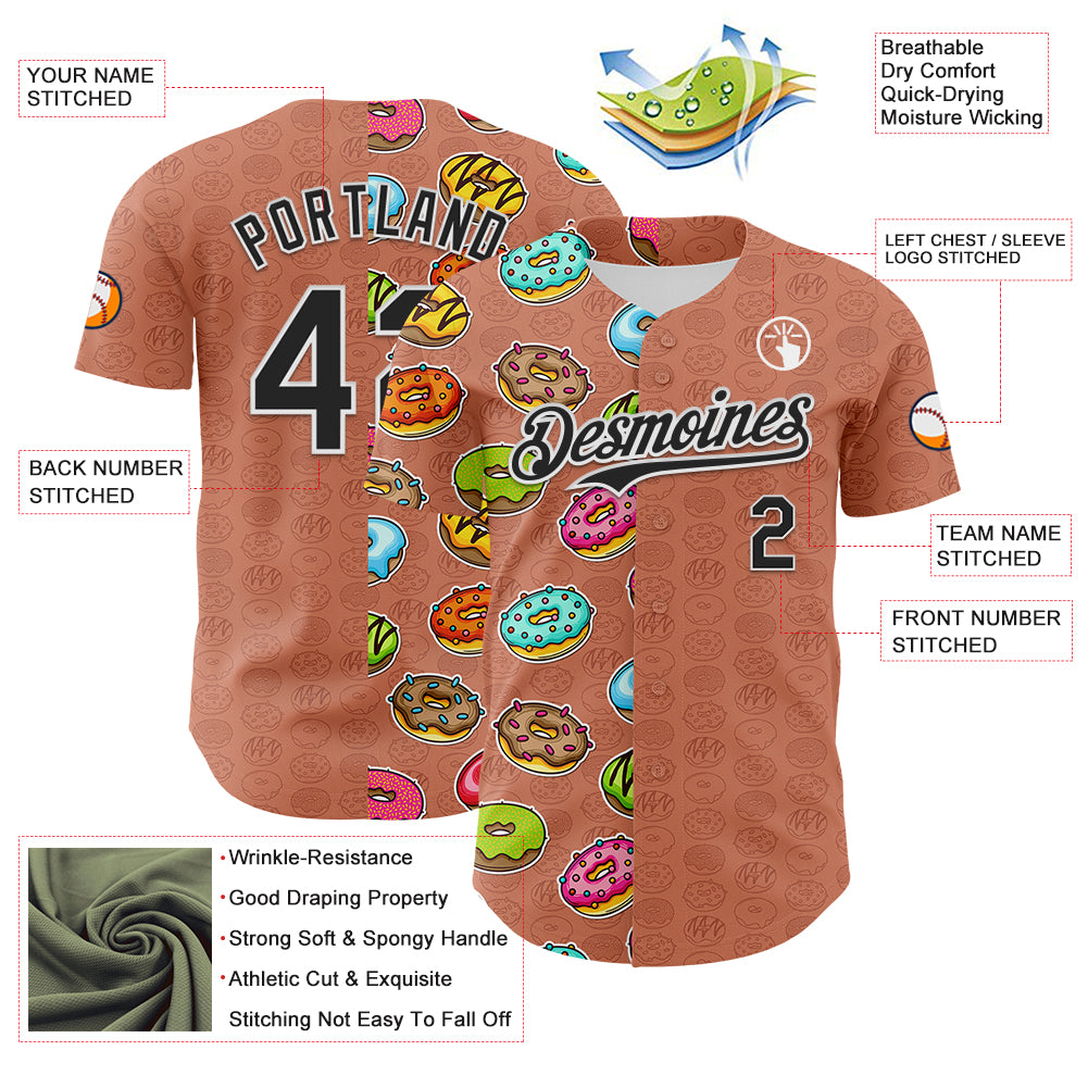 Custom Brown Black-White 3D Pattern Design Foodie Food Dessert Doughnut Authentic Baseball Jersey