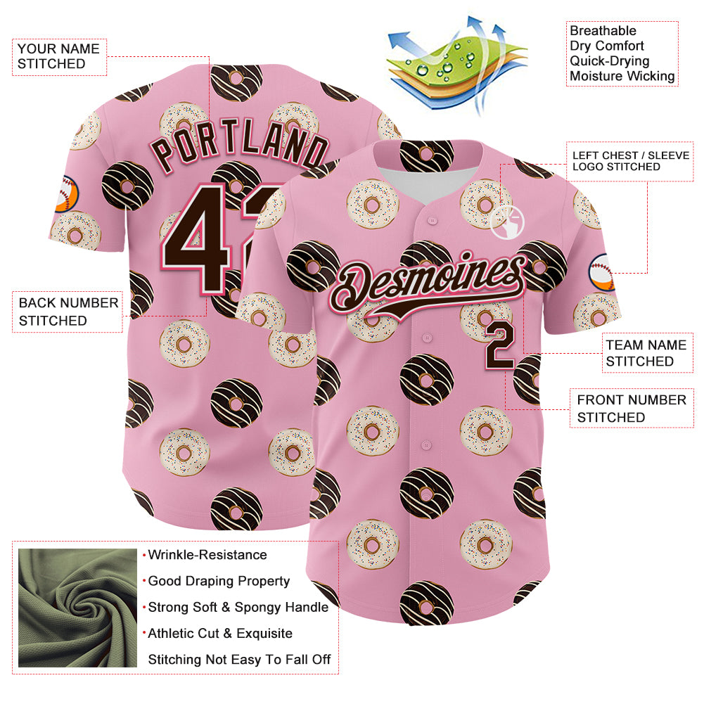 Custom Light Pink Brown-Neon Pink 3D Pattern Design Foodie Food Dessert Doughnut Authentic Baseball Jersey