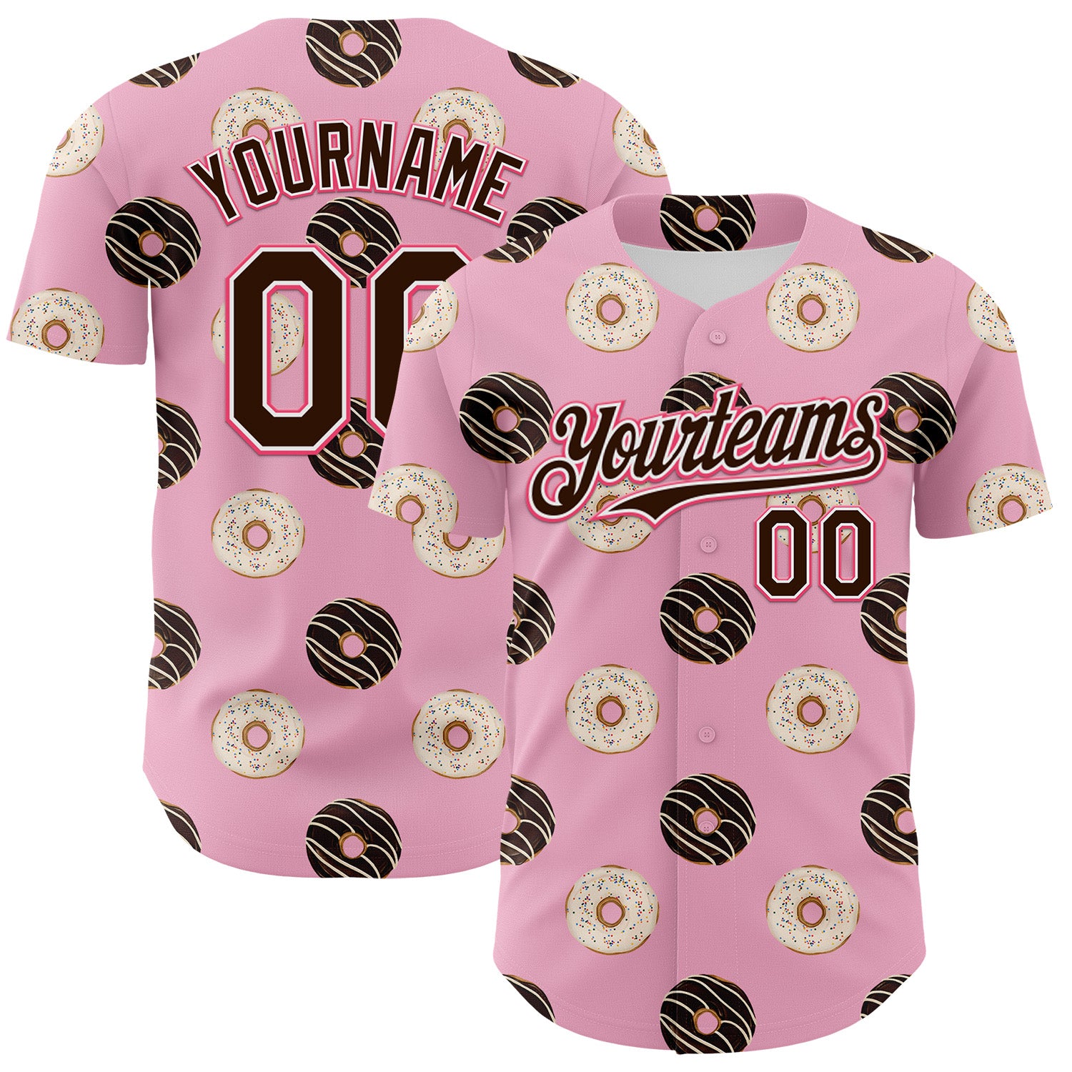Custom Light Pink Brown-Neon Pink 3D Pattern Design Foodie Food Dessert Doughnut Authentic Baseball Jersey