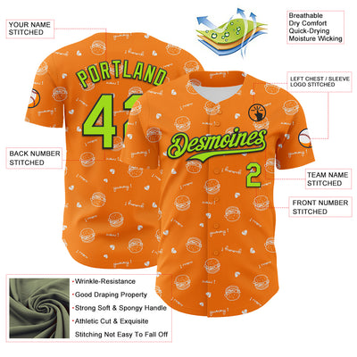 Custom Bay Orange Neon Green-Black 3D Pattern Design Foodie Fast Food Burger Authentic Baseball Jersey