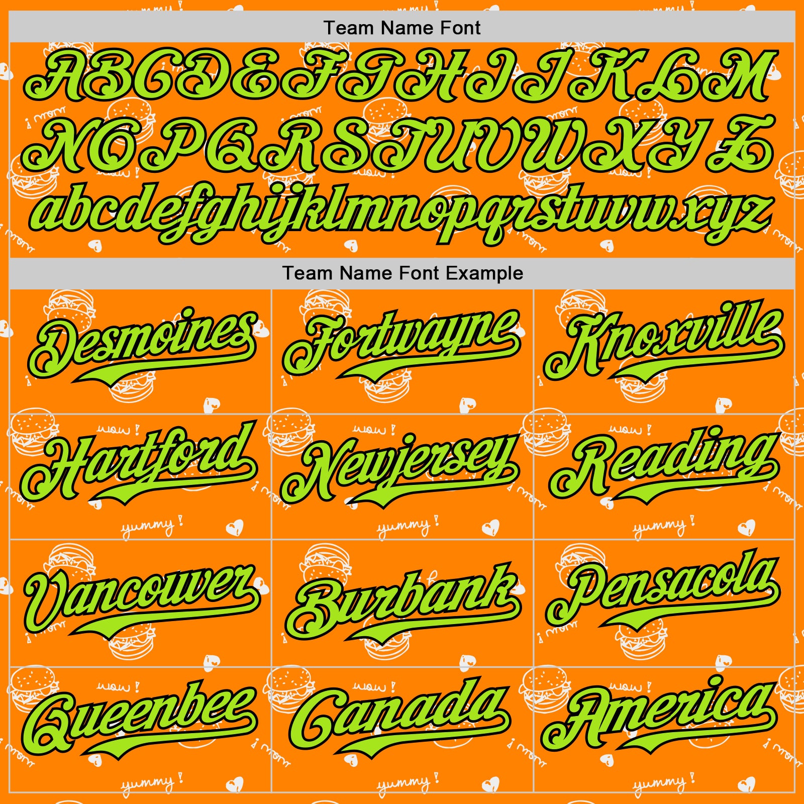 Custom Bay Orange Neon Green-Black 3D Pattern Design Foodie Fast Food Burger Authentic Baseball Jersey