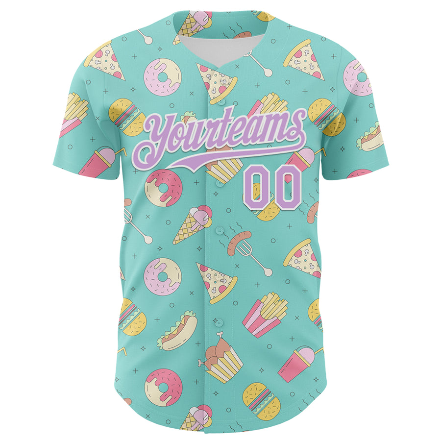 Custom Ice Blue Light Purple-White 3D Pattern Design Foodie Fast Food Burger Fries Pizza Authentic Baseball Jersey