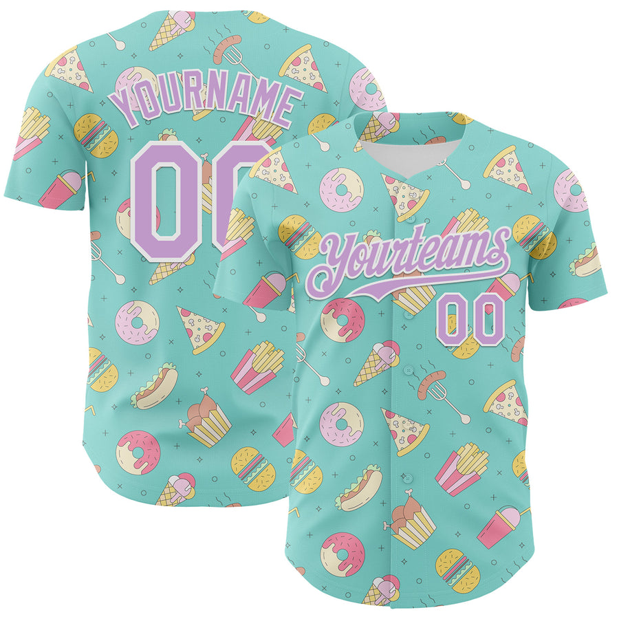 Custom Ice Blue Light Purple-White 3D Pattern Design Foodie Fast Food Burger Fries Pizza Authentic Baseball Jersey
