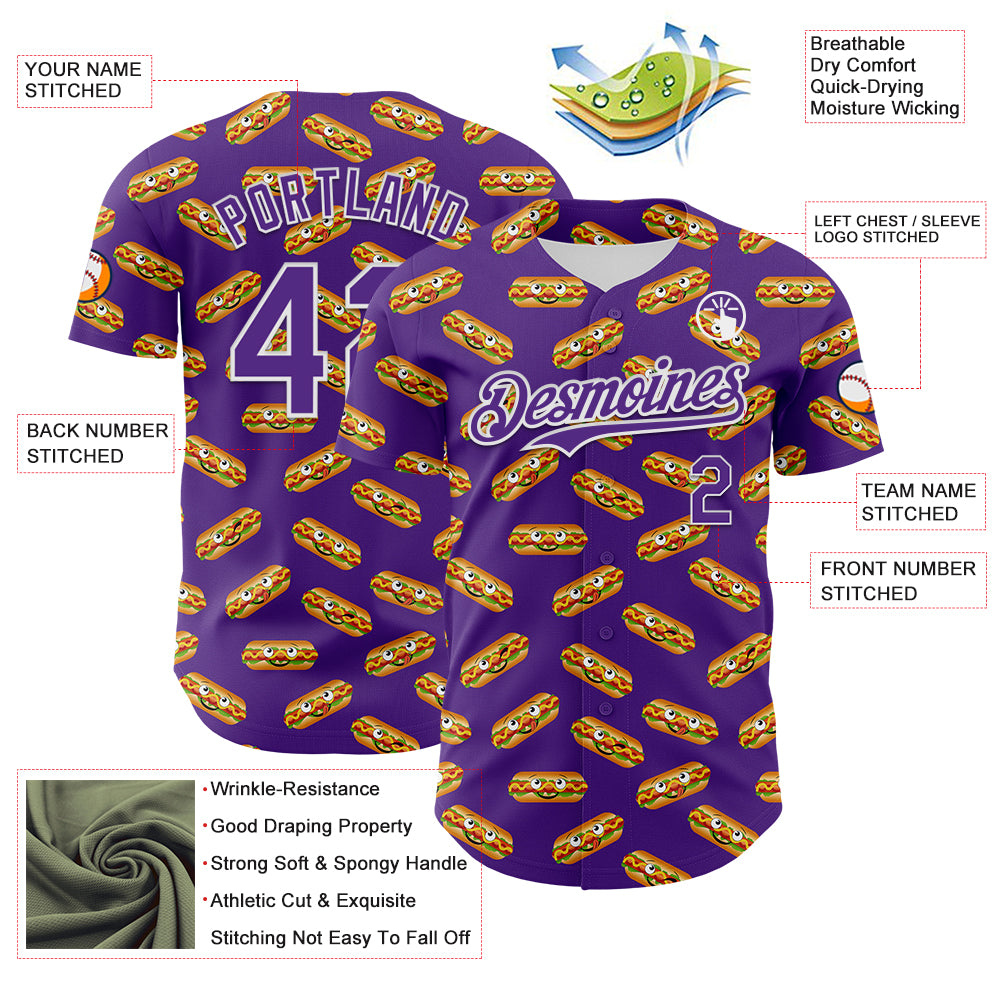 Custom Purple White 3D Pattern Design Foodie Fast Food Hot Dog Authentic Baseball Jersey