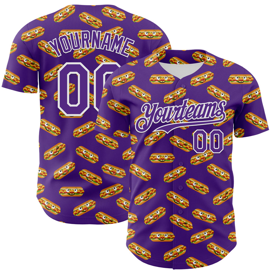 Custom Purple White 3D Pattern Design Foodie Fast Food Hot Dog Authentic Baseball Jersey
