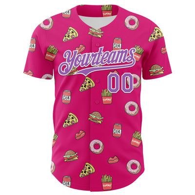 Custom Hot Pink Medium Purple-White 3D Pattern Design Foodie Fast Food Pizza Donut Cola Authentic Baseball Jersey
