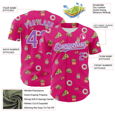 Custom Hot Pink Medium Purple-White 3D Pattern Design Foodie Fast Food Pizza Donut Cola Authentic Baseball Jersey
