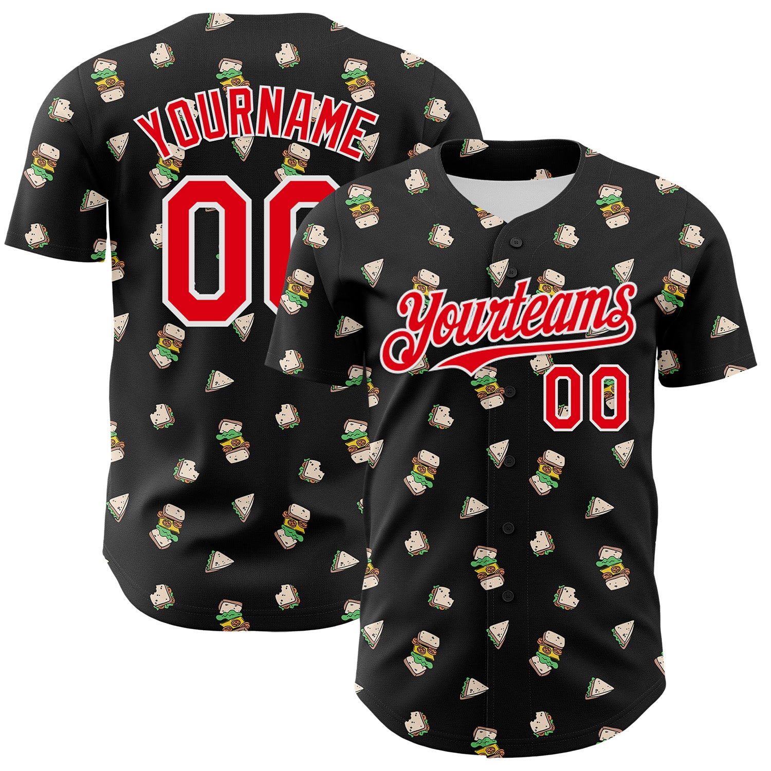 Custom Black Fire Red-White 3D Pattern Design Foodie Fast Food Sandwich Authentic Baseball Jersey