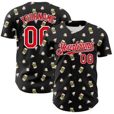 Custom Black Fire Red-White 3D Pattern Design Foodie Fast Food Sandwich Authentic Baseball Jersey