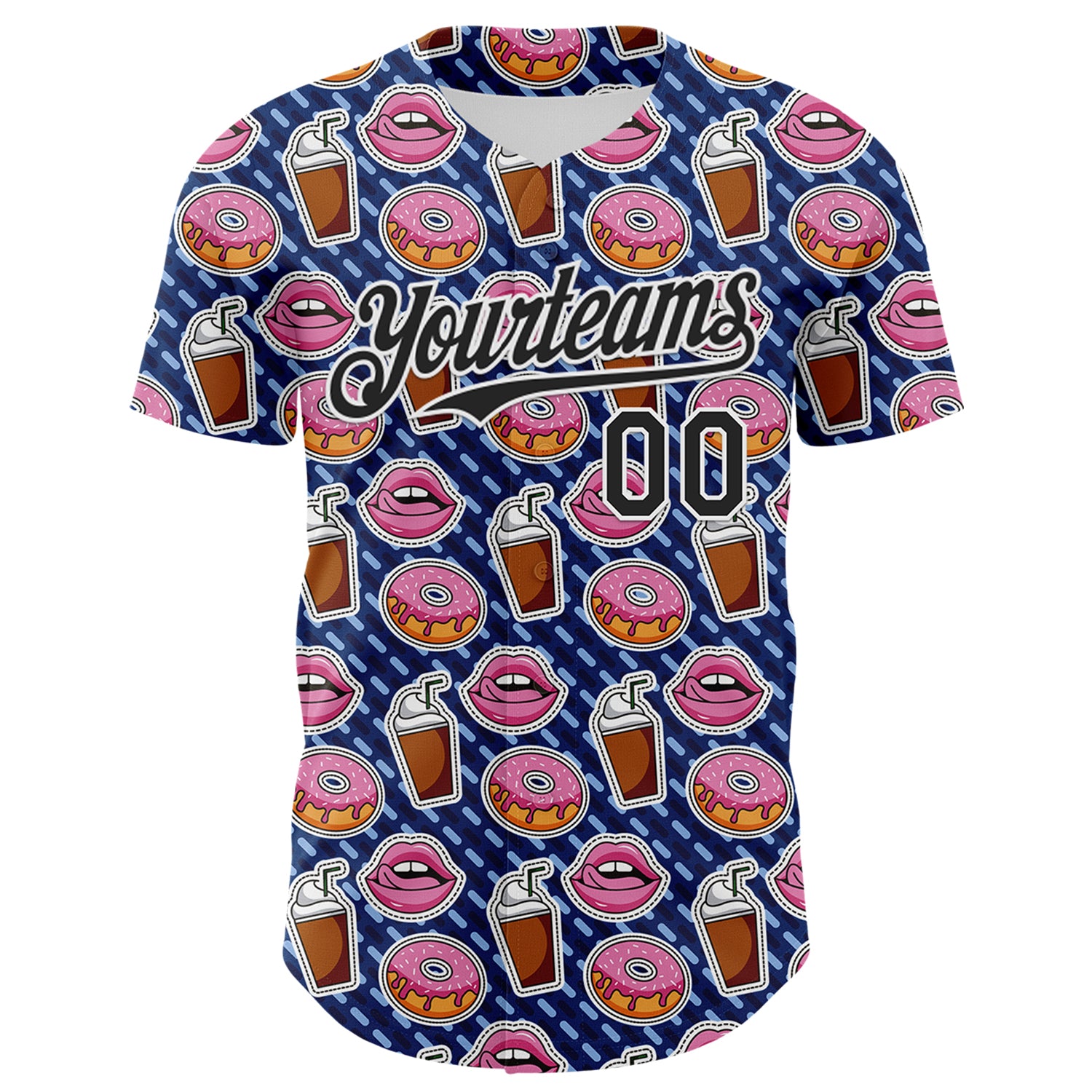 Custom US Navy Blue Black-White 3D Pattern Design Foodie Food Dessert Milkshake Donut Authentic Baseball Jersey