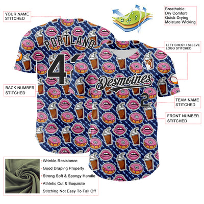 Custom US Navy Blue Black-White 3D Pattern Design Foodie Food Dessert Milkshake Donut Authentic Baseball Jersey