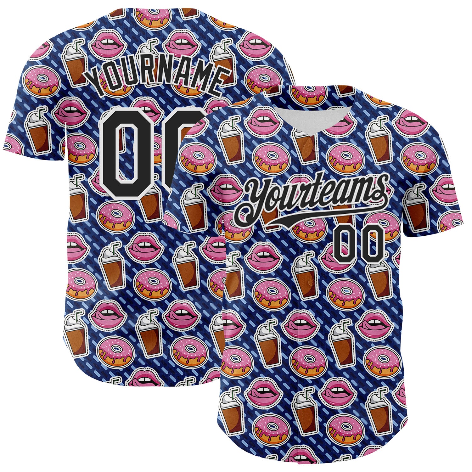 Custom US Navy Blue Black-White 3D Pattern Design Foodie Food Dessert Milkshake Donut Authentic Baseball Jersey