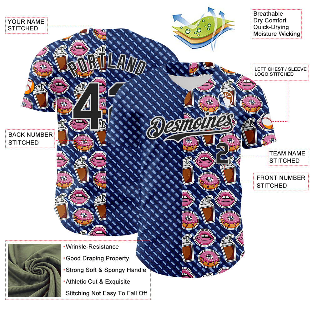 Custom US Navy Blue Black-White 3D Pattern Design Foodie Food Dessert Milkshake Donut Authentic Baseball Jersey