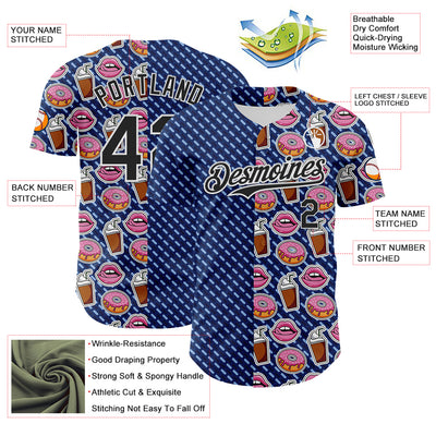 Custom US Navy Blue Black-White 3D Pattern Design Foodie Food Dessert Milkshake Donut Authentic Baseball Jersey