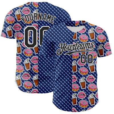 Custom US Navy Blue Black-White 3D Pattern Design Foodie Food Dessert Milkshake Donut Authentic Baseball Jersey