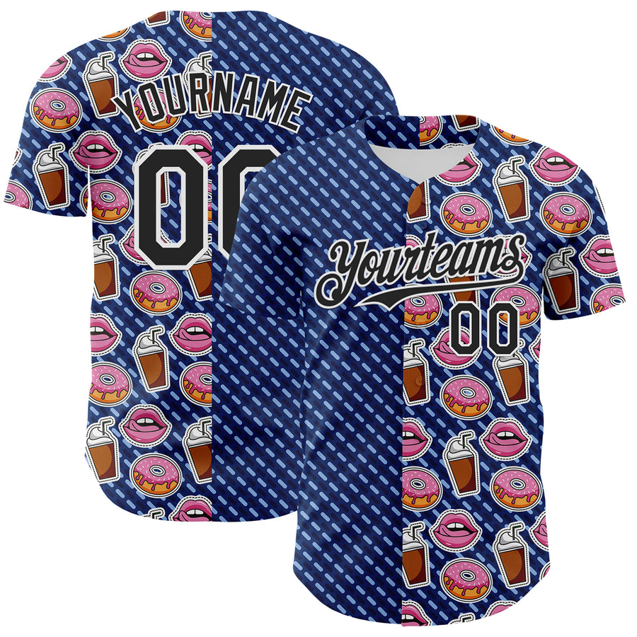 Custom US Navy Blue Black-White 3D Pattern Design Foodie Food Dessert Milkshake Donut Authentic Baseball Jersey