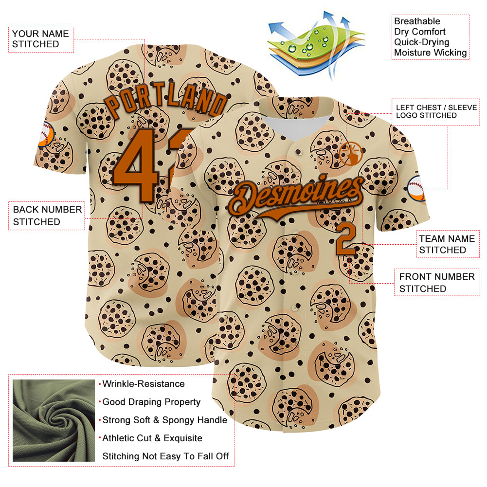 Custom Cream Texas Orange-Brown 3D Pattern Design Foodie Food Snack Chocolate Cookie Authentic Baseball Jersey