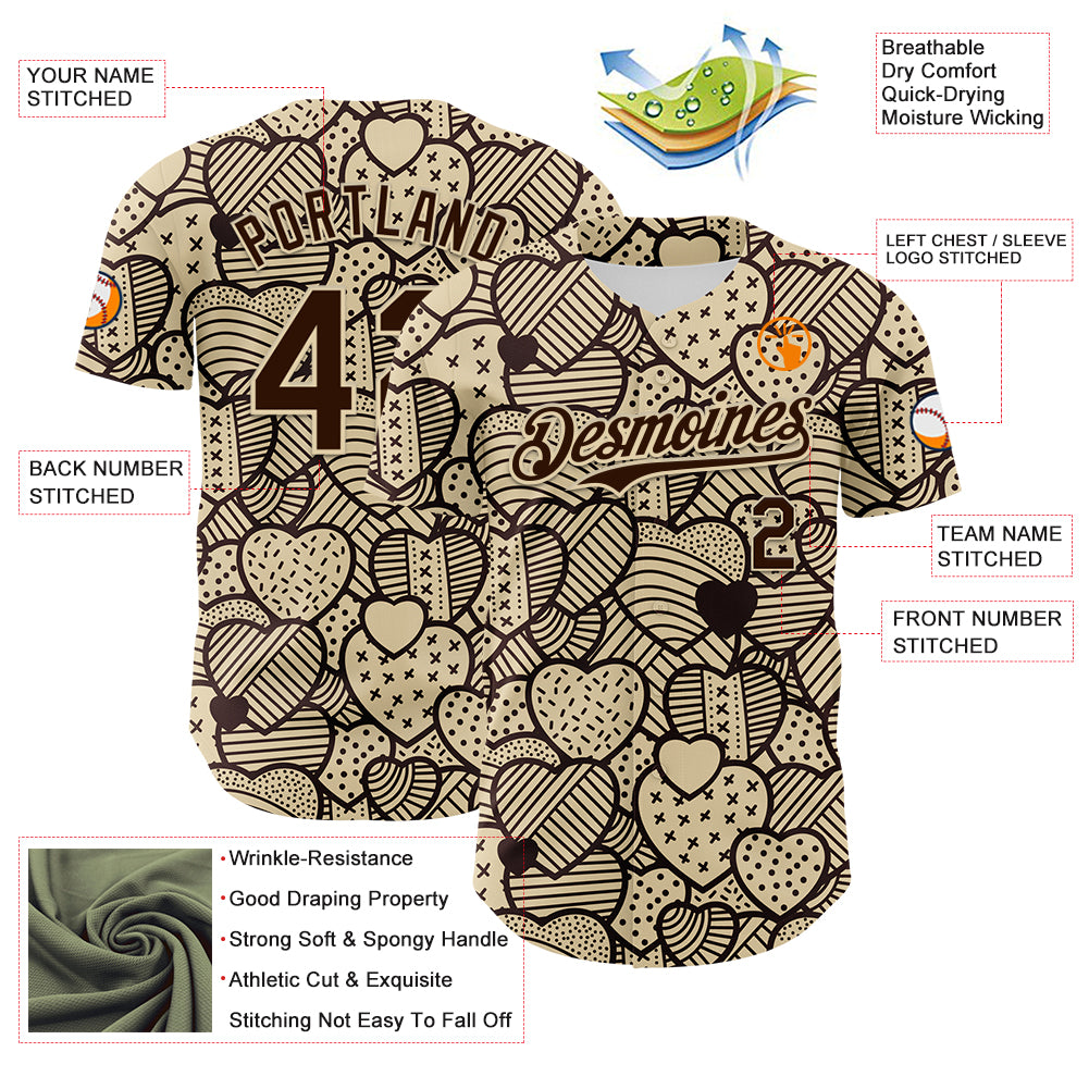 Custom Cream Brown 3D Pattern Design Foodie Food Snack Heart Chocolate Authentic Baseball Jersey