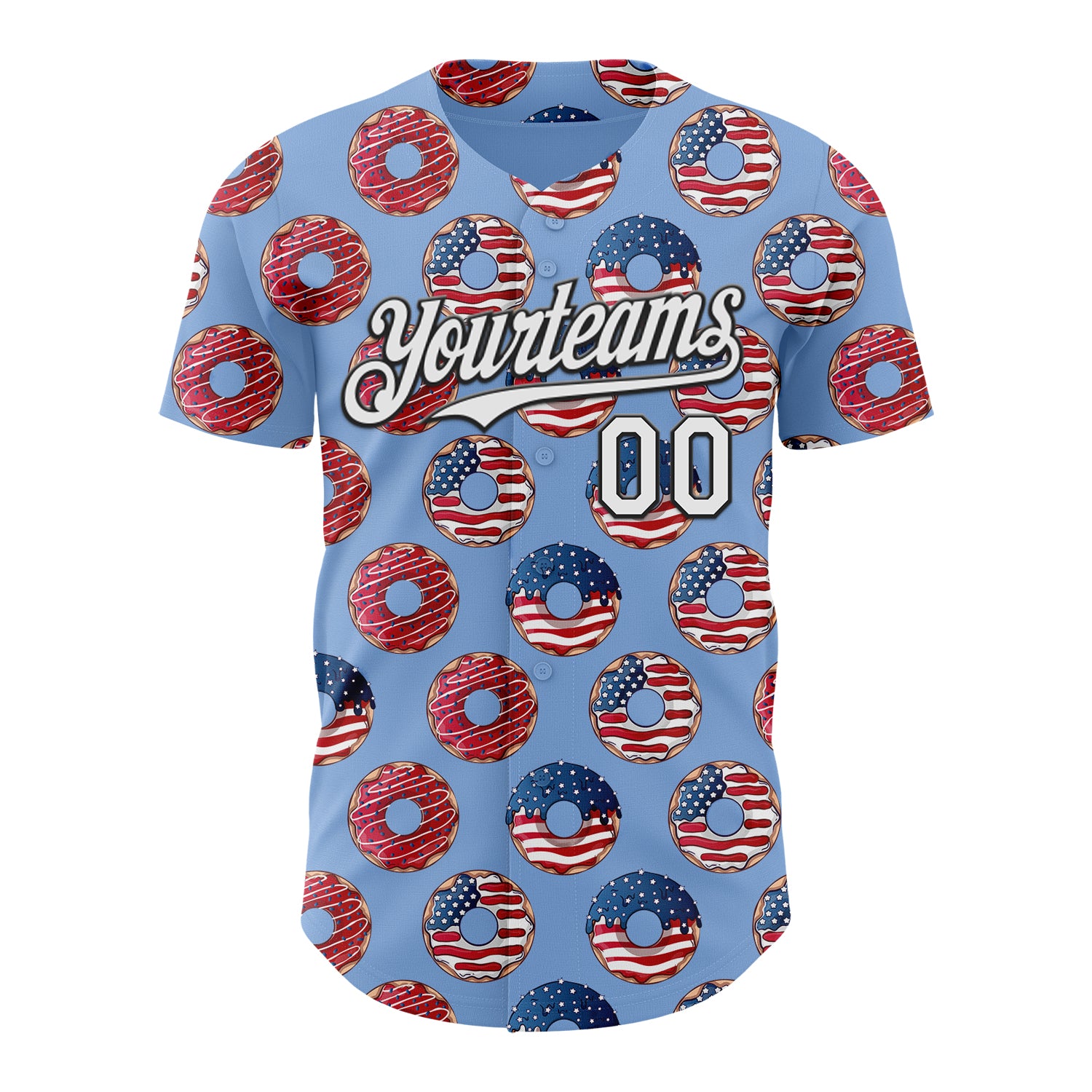 Custom Light Blue White-Black 3D Pattern Design USA Flag Foodie Food Dessert Donut Authentic Baseball Jersey