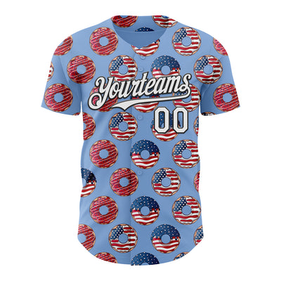 Custom Light Blue White-Black 3D Pattern Design USA Flag Foodie Food Dessert Donut Authentic Baseball Jersey