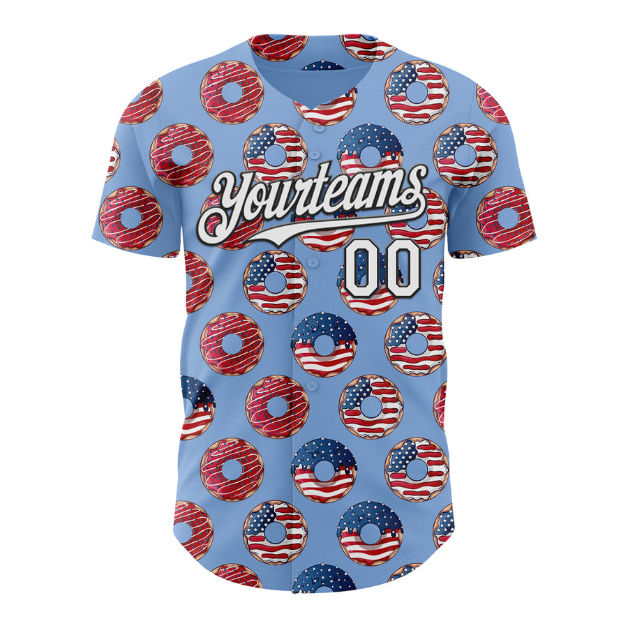 Custom Light Blue White-Black 3D Pattern Design USA Flag Foodie Food Dessert Donut Authentic Baseball Jersey