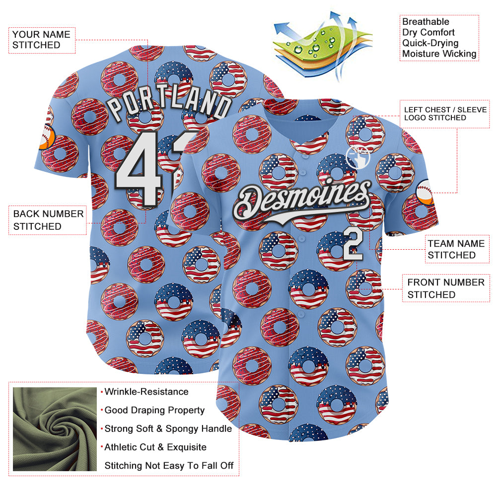 Custom Light Blue White-Black 3D Pattern Design USA Flag Foodie Food Dessert Donut Authentic Baseball Jersey