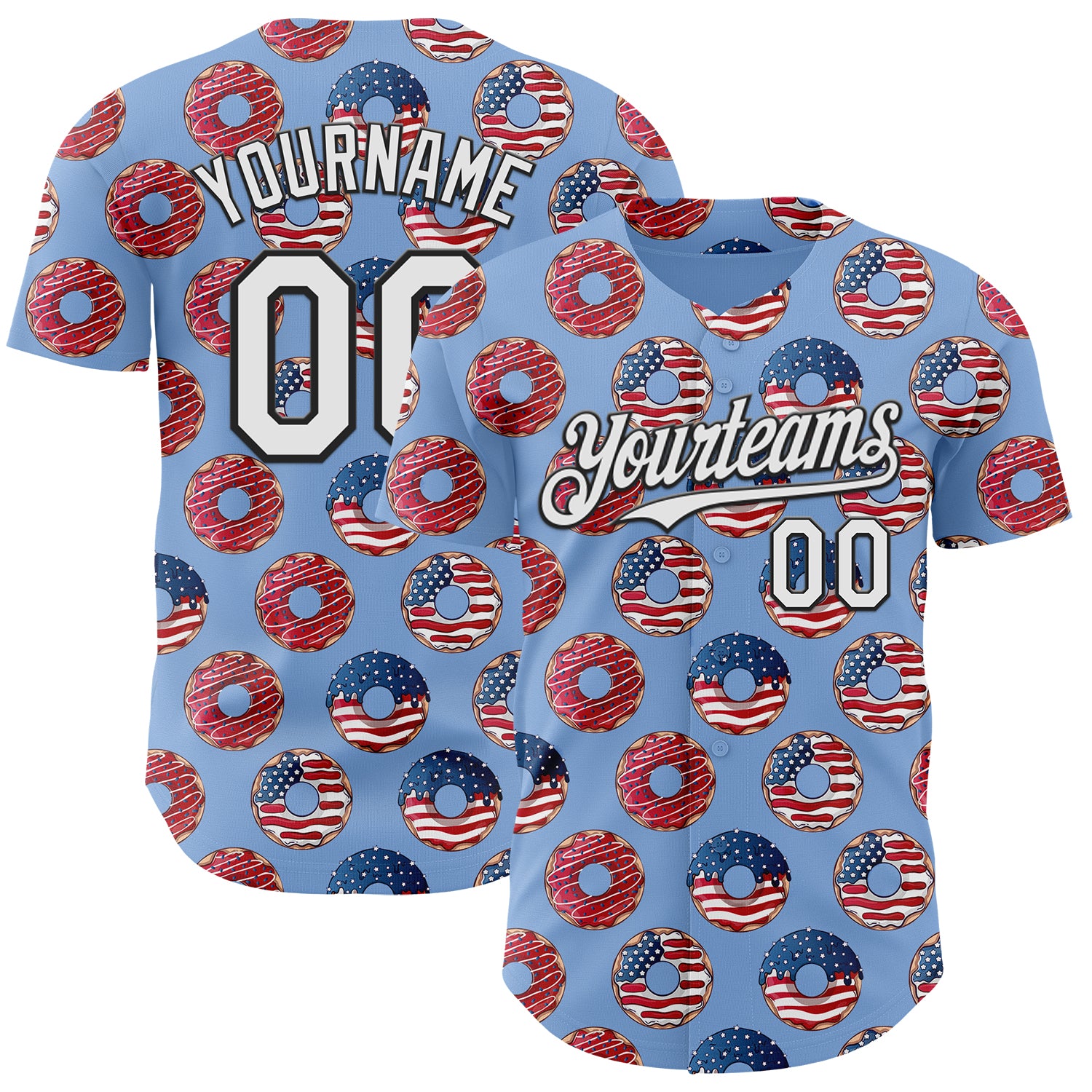 Custom Light Blue White-Black 3D Pattern Design USA Flag Foodie Food Dessert Donut Authentic Baseball Jersey