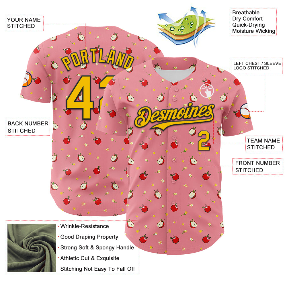 Custom Medium Pink Yellow-Black 3D Pattern Design Foodie Food Fruit Apple Authentic Baseball Jersey