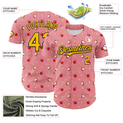 Custom Medium Pink Yellow-Black 3D Pattern Design Foodie Food Fruit Apple Authentic Baseball Jersey