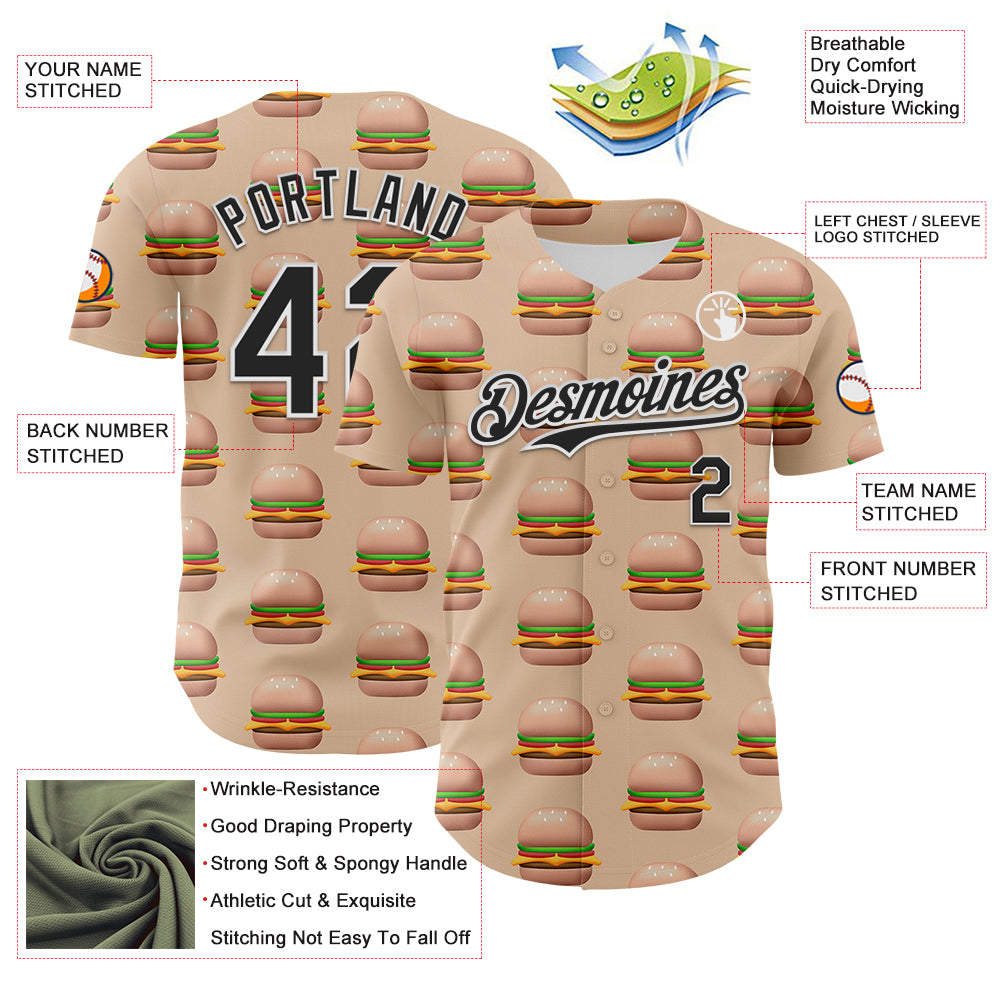 Custom Vegas Gold Black-White 3D Pattern Design Foodie Fast Food Burger Authentic Baseball Jersey