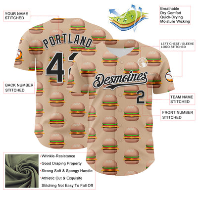 Custom Vegas Gold Black-White 3D Pattern Design Foodie Fast Food Burger Authentic Baseball Jersey