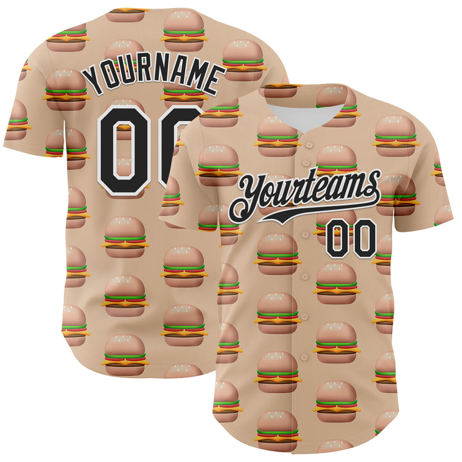 Custom Vegas Gold Black-White 3D Pattern Design Foodie Fast Food Burger Authentic Baseball Jersey