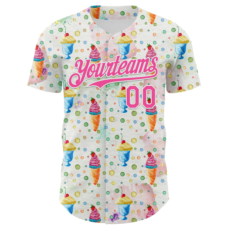 Custom White Pink 3D Pattern Design Foodie Food Dessert Ice Cream Authentic Baseball Jersey