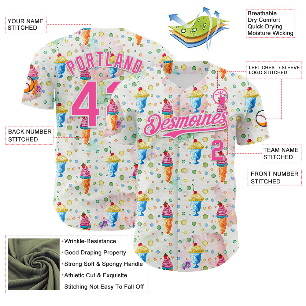 Custom White Pink 3D Pattern Design Foodie Food Dessert Ice Cream Authentic Baseball Jersey