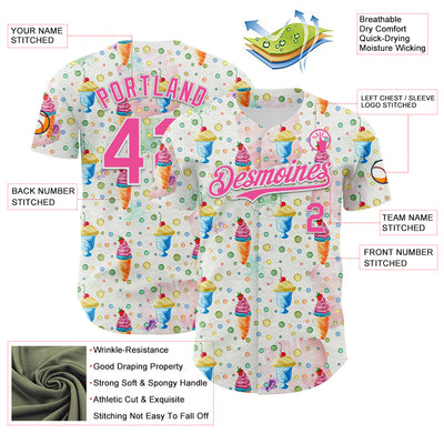 Custom White Pink 3D Pattern Design Foodie Food Dessert Ice Cream Authentic Baseball Jersey