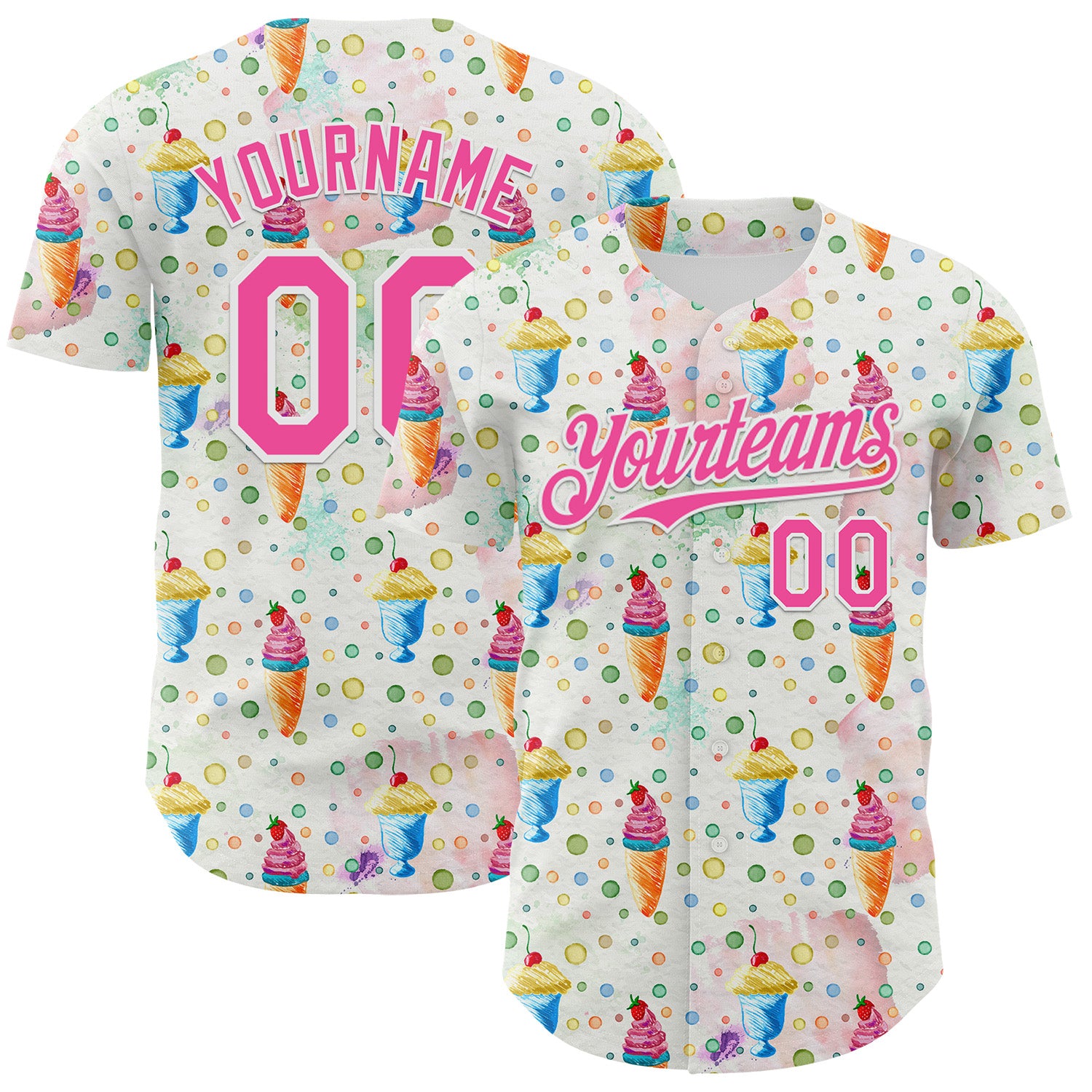 Custom White Pink 3D Pattern Design Foodie Food Dessert Ice Cream Authentic Baseball Jersey