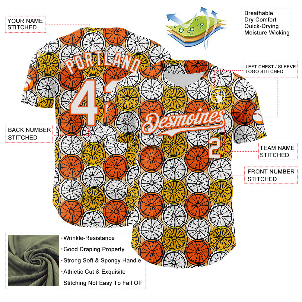 Custom Gold White-Orange 3D Pattern Design Foodie Food Fruit Orange Authentic Baseball Jersey