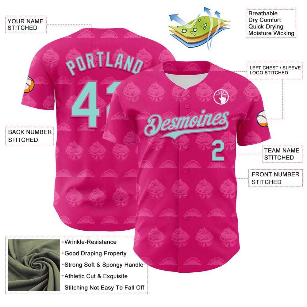 Custom Hot Pink Ice Blue-Pink 3D Pattern Design Foodie Food Dessert Cake Authentic Baseball Jersey