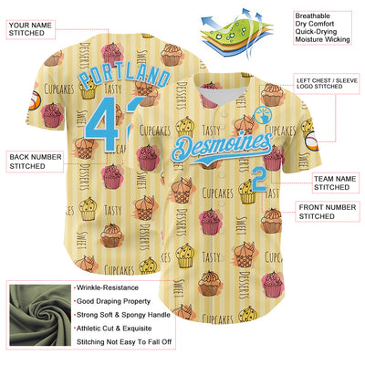 Custom Yellow Sky Blue-White 3D Pattern Design Foodie Food Dessert Cupcake Authentic Baseball Jersey