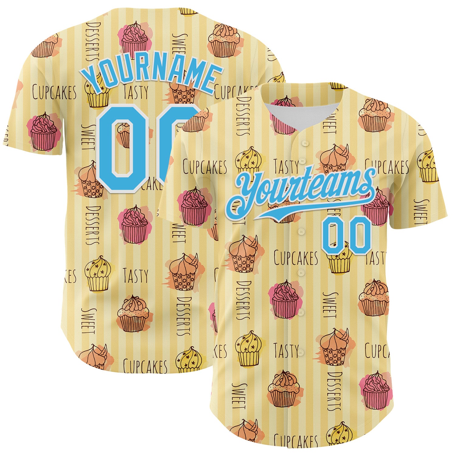 Custom Yellow Sky Blue-White 3D Pattern Design Foodie Food Dessert Cupcake Authentic Baseball Jersey