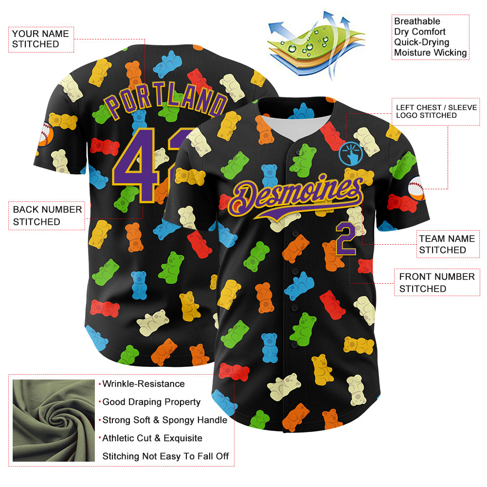 Custom Black Purple-Yellow 3D Pattern Design Foodie Food Snack Gummy Bear Authentic Baseball Jersey