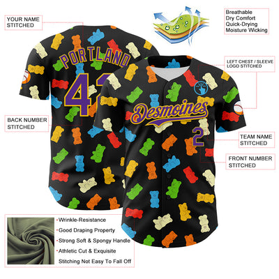 Custom Black Purple-Yellow 3D Pattern Design Foodie Food Snack Gummy Bear Authentic Baseball Jersey