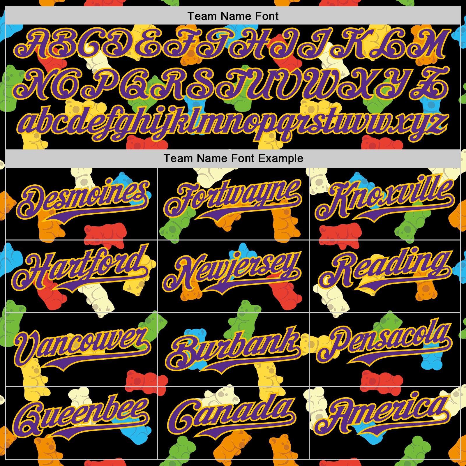 Custom Black Purple-Yellow 3D Pattern Design Foodie Food Snack Gummy Bear Authentic Baseball Jersey