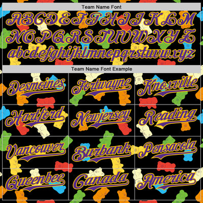 Custom Black Purple-Yellow 3D Pattern Design Foodie Food Snack Gummy Bear Authentic Baseball Jersey